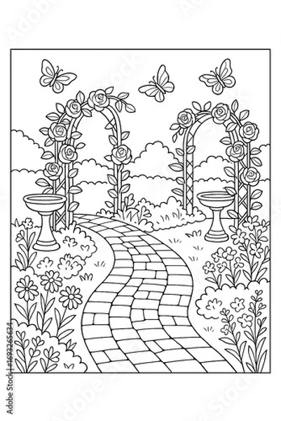 Fototapeta Garden Path with Arches and Butterflies Coloring Page