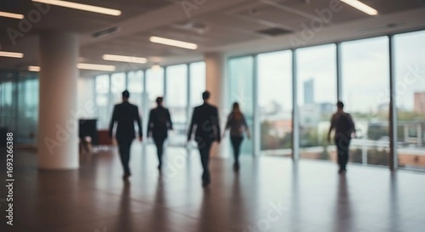 Fototapeta Modern A blurred image of people walking in a modern office building with large glass windows.