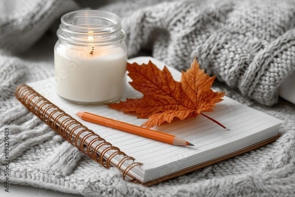 Fototapeta Cozy autumnal notebook with candle and leaf