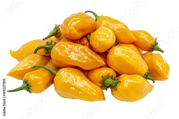 Obraz A vibrant pile of yellow habanero peppers is presented against a transparent backdrop, each pepper showcasing its unique shape and texture in a close-up view, PNG
