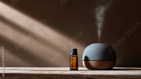 Fototapeta Minimalist wellness diffuser with essential oils on marble, luxury spa skincare design