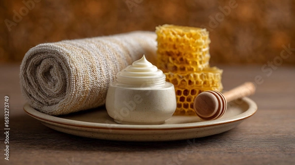 Fototapeta Luxury honey lotion skincare with honeycomb and dipper on golden warm background, natural setup
