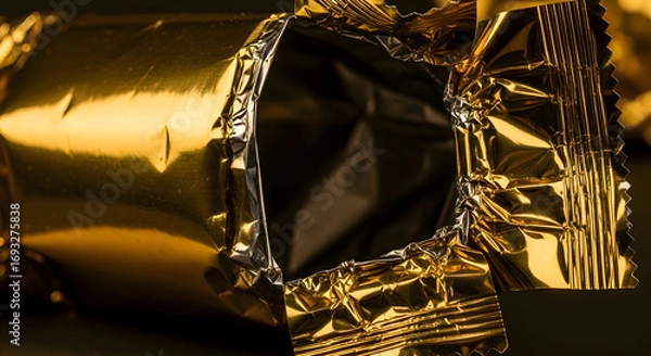 Fototapeta Close-up of an Open, Crumpled Gold Foil Wrapper with an Empty Interior