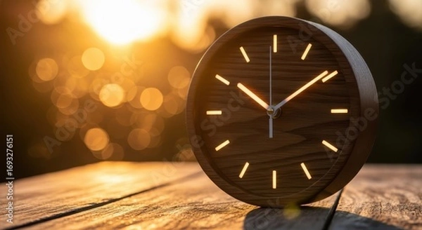Fototapeta Wooden Clock on Table with Bokeh Background