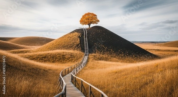 Fototapeta Wooden Walkway to a Lonely Tree on a Hilltop