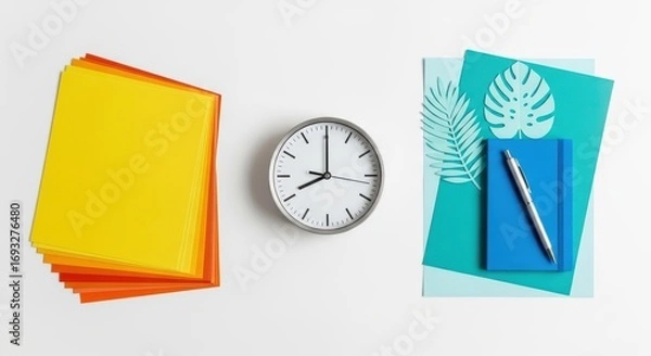 Fototapeta Workspace with clock, notebook, pen, and colorful paper