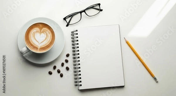 Fototapeta Workspace with Coffee, Notebook and Eyeglasses - Top View