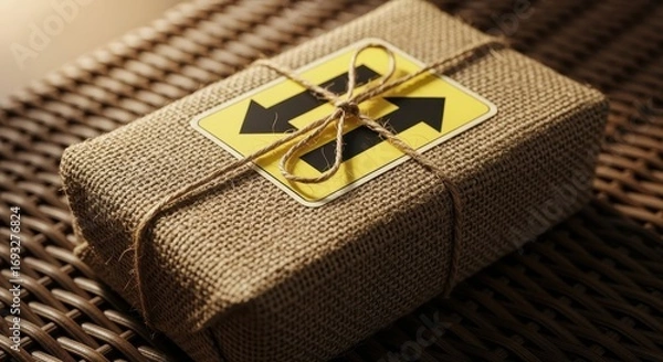Fototapeta Wrapped Gift with Arrow Sign: Rustic Package and Delivery Concept
