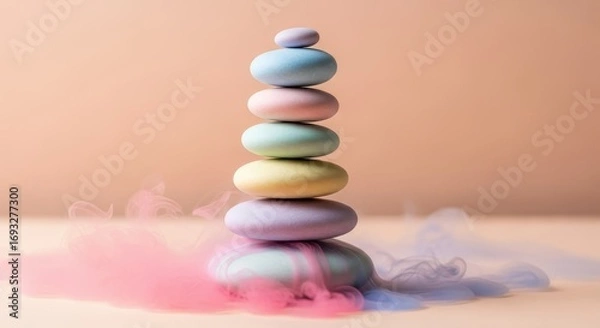 Fototapeta Zen Stone Stack with Colorful Smoke: Balance, Harmony, and Meditation Concept