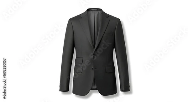 Fototapeta A dark gray suit jacket is displayed against a white background, showing its structure and details.