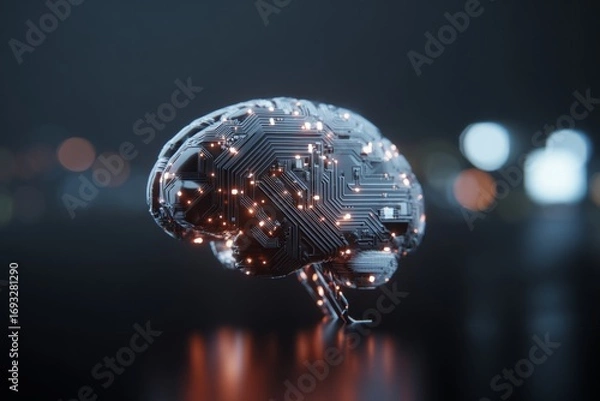 Fototapeta The symbiotic future of human cognition and tech innovation. Intelligent grid. A futuristic brain integrated with advanced tech on a motherboard. High-tech network. Digital web.