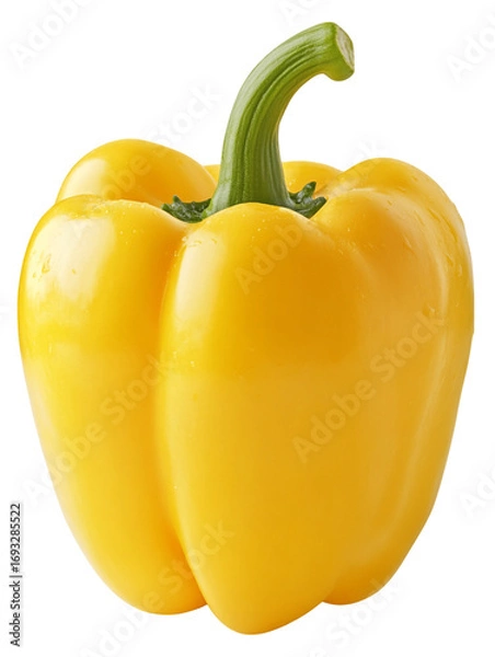 Obraz Close up studio shot of a vibrant yellow bell pepper with a fresh green stem and transparent background. The vegetable is covered in water droplets, highlighting its crisp texture, PNG