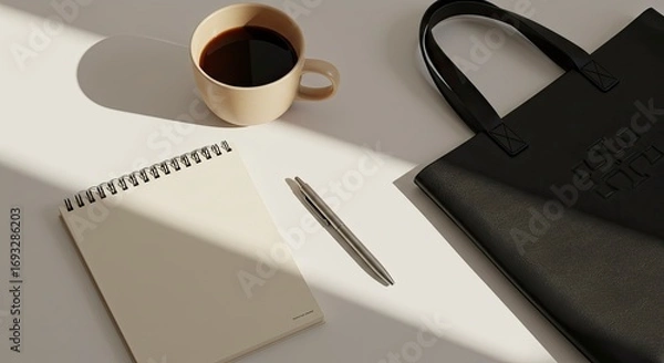 Obraz Minimalist Desk Setup with Coffee and Notebook
