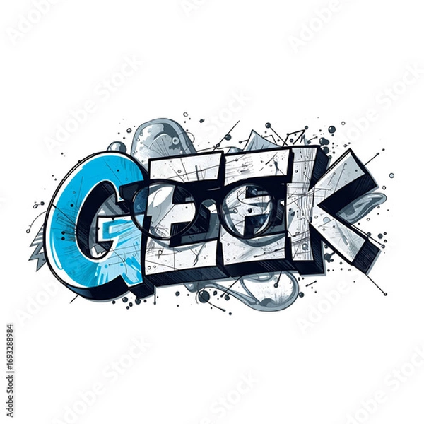 Fototapeta Stylized "GEEK" graffiti art with blue and grey color accents, isolated on white.