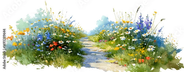 Obraz Watercolor illustration of a floral path landscape featuring blue, yellow, white and red flowers, set on a transparent background, creating a scenic route through a lush field, PNG