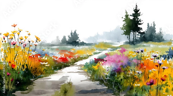 Obraz A watercolor painting of a peaceful meadow path lined with colorful wildflowers and trees, set against a misty or foggy background. A serene and scenic countryside landscape, PNG