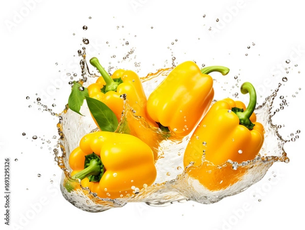 Obraz A group of fresh yellow bell peppers are suspended in a dynamic water splash against a stark black backdrop with scattered droplets and green leaves, creating a refreshing visual, PNG