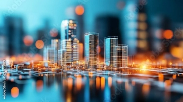 Fototapeta Abstract Cityscape Glowing Buildings and Reflections, Architecture, Urban