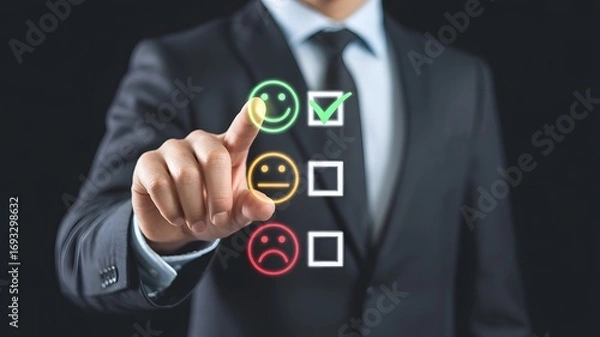 Fototapeta Businessman Touching Customer Satisfaction Feedback Smiley Face Icon With Check Mark For Service Quality And Positive Experience