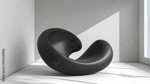 Fototapeta A modern, sleek, black lounge chair with smooth curves, highlighted by soft natural light in a minimalist interior space.
