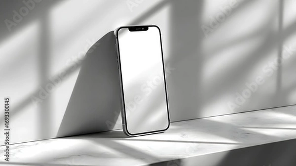 Fototapeta A stylish, modern smartphone rests on a marble surface, bathed in soft, dappled light.