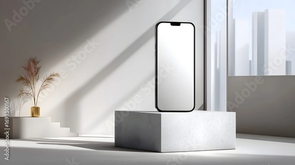 Fototapeta A modern, minimalist scene showcasing a blank smartphone on a light gray podium, bathed in natural light.