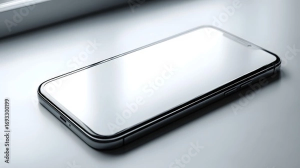 Fototapeta Sleek, modern smartphone rests on a clean, white surface, showcasing a large, bright display.