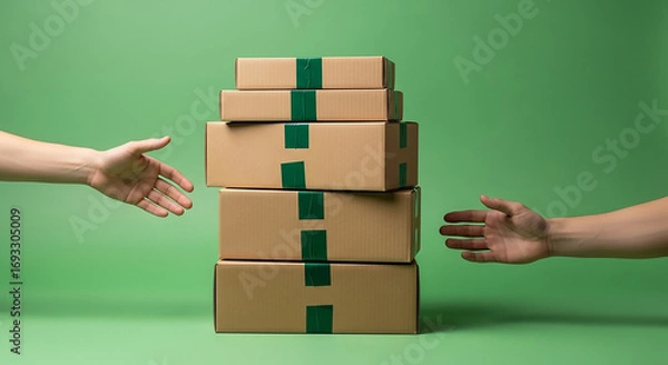 Fototapeta Two hands reaching for stack of cardboard boxes on green background