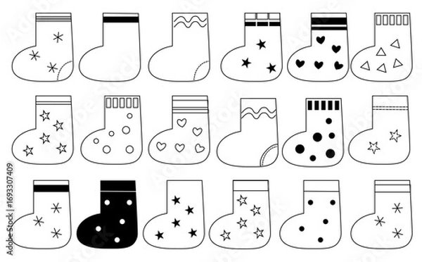 Fototapeta モノクロの靴下の並んだかわいい背景イラスト