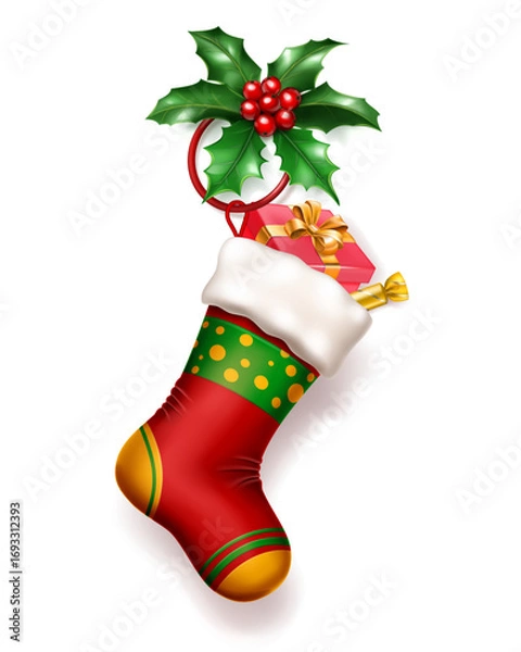 Fototapeta A vibrant red Christmas stocking with white cuff, filled with a wrapped gift and candy, adorned with a holly sprig, with soft shadow on white background.