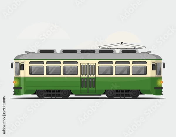 Fototapeta A side view of a vintage green tram captures the essence of classic public transportation, surrounded by a soft city background that highlights its style and period charm.