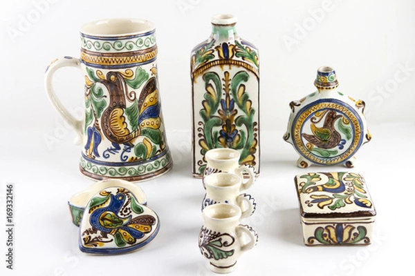 Obraz ISOLATED HUNGARIAN PAINTED CERAMICS ON WHITE BACKGROUND. VASE, CUP, GOURD IN STILL LIFE