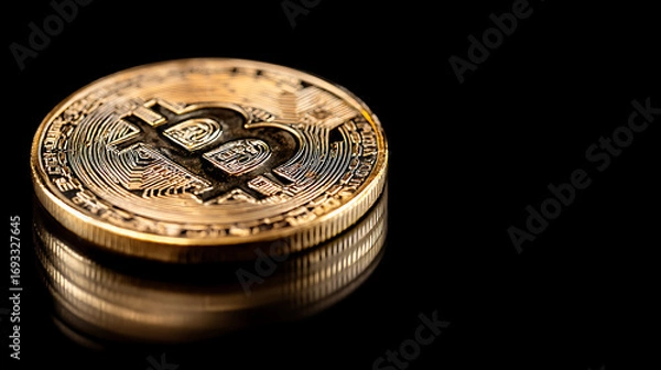 Fototapeta Golden bitcoin coin reflecting on black surface showcasing digital currency element in modern finance