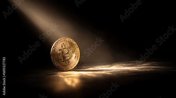 Fototapeta Bitcoin coin illuminated by soft light in a dark setting showcasing cryptocurrency's identity and value