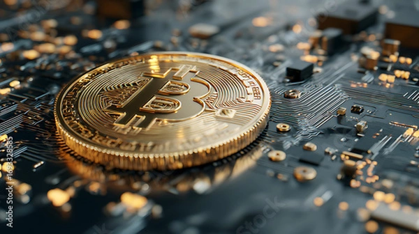 Fototapeta Gold bitcoin resting on a circuit board, symbolizing cryptocurrency technology and digital finance