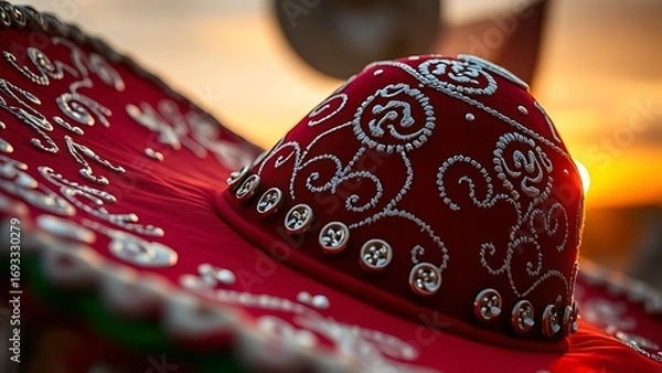 Fototapeta A vibrant traditional Mexican papel picado banner with intricate cut-out patterns, glowing in golden sunlight amidst festive celebrations.
