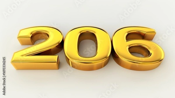 Fototapeta Golden 3d Number 206 on White Background Modern Style Bright Metallic Finish