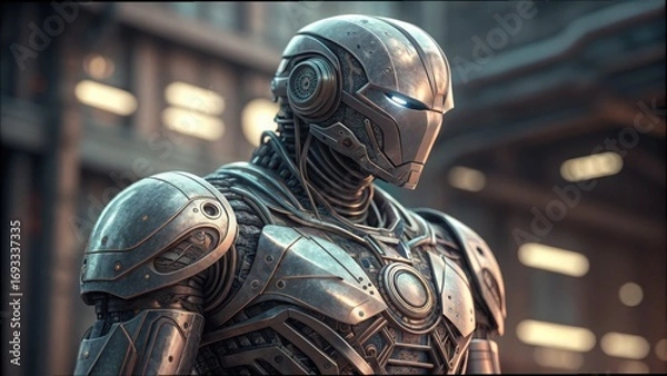 Fototapeta Detailed Chrome Exosuit with Visible Circuitry and Modern Design