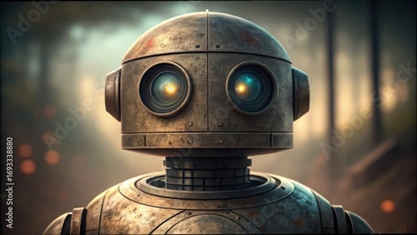 Fototapeta Retro-Futuristic Robot with Unique Lens Features in Worn Surface
