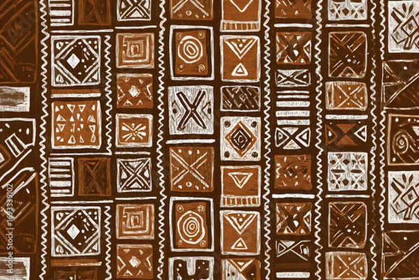 Obraz アフリカの伝統的な模様、手描きの幾何学的なデザインと土の色