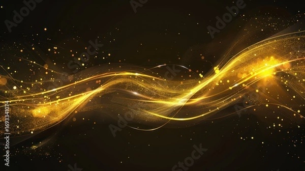 Fototapeta Golden Light Waves with Sparkling Particles on Black Background for Digital Art and Abstract Design