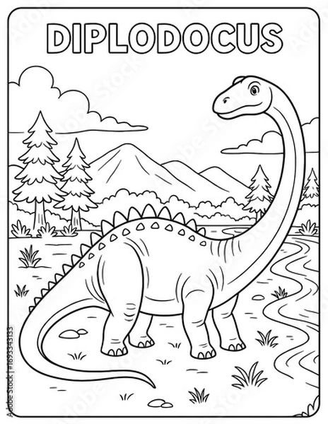 Fototapeta A diplodocus dinosaur in a landscape coloring page with mountains and a winding river