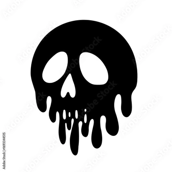 Fototapeta A black skull melting with dripping liquid on transparent. Skull and bones. Halloween, element, sticker, scary.