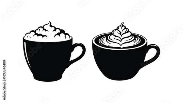 Fototapeta Coffee cups vector illustration with foam and latte art for cafe menu design art