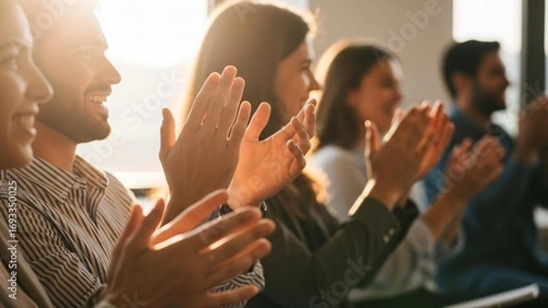 Obraz Happy diverse group applauding enthusiastically in bright room