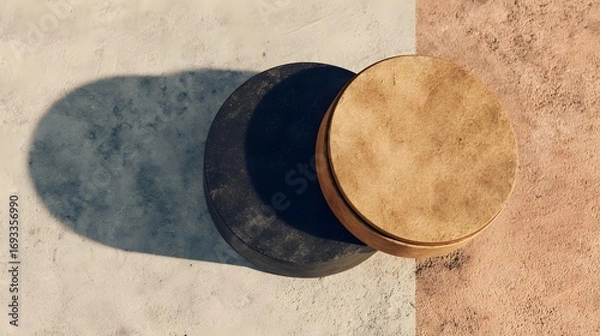 Fototapeta Two circular, natural-toned drums rest on a light-colored concrete surface, casting dramatic shadows.