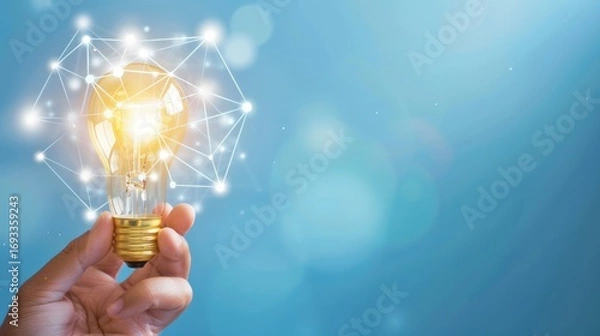 Fototapeta Hand Holding Illuminated Light Bulb with Digital Network Connection on Blue Background