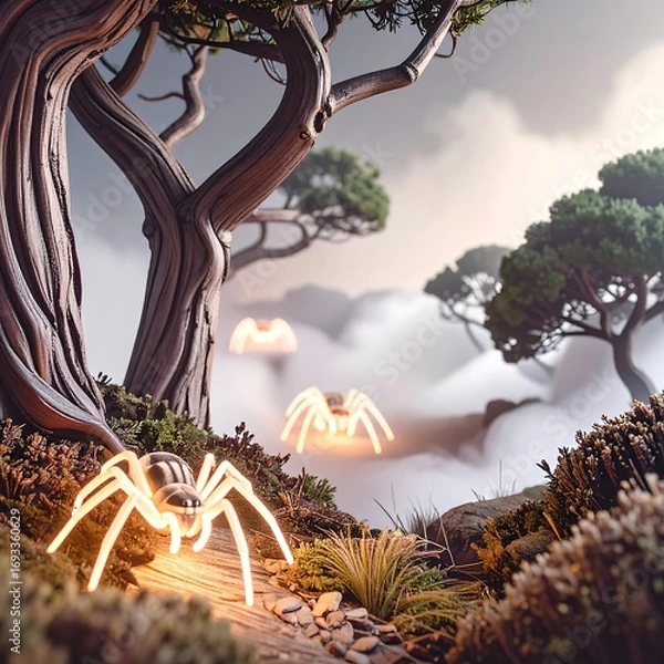 Obraz Misty forest path with glowing spiders