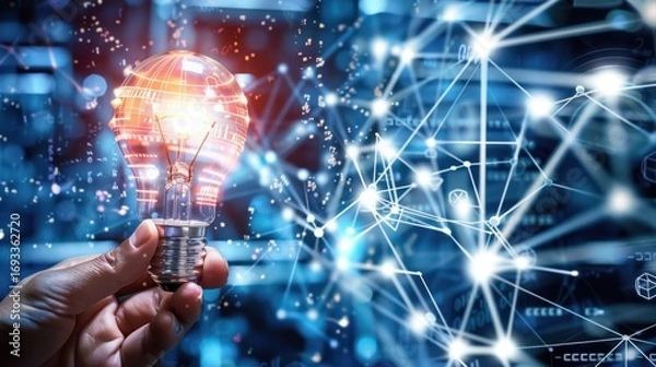 Fototapeta Hand Holding Light Bulb with Digital Network Background Showing Innovation Technology and Connectivity