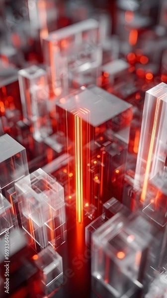 Fototapeta Futuristic transparent glass cityscape with glowing red neon lights and illuminated geometric structures in a high-tech urban environment
